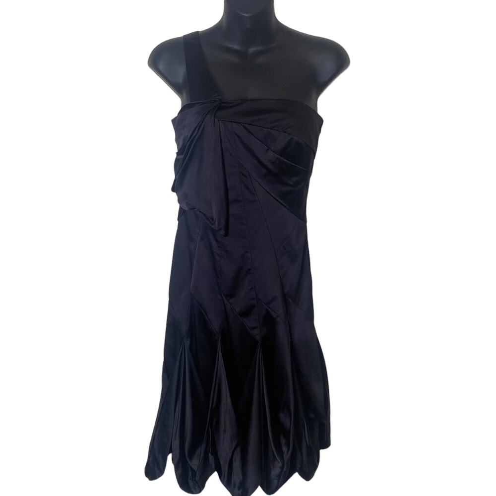 Karen Millen Black Silk One Shoulder Pleated Handkerchief Hem Cocktail Dress